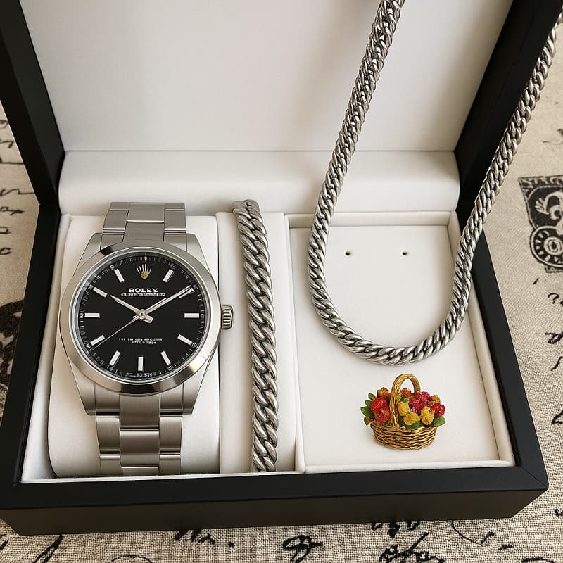 پیکج نیم ست نقره ای Cartier ساعت رولکس نقره ای صفحه مشکی مدل Oyster