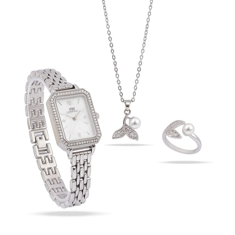 ست زنانه ساعت و گردنبند و انگشتر مدل مروارید -نقره ای