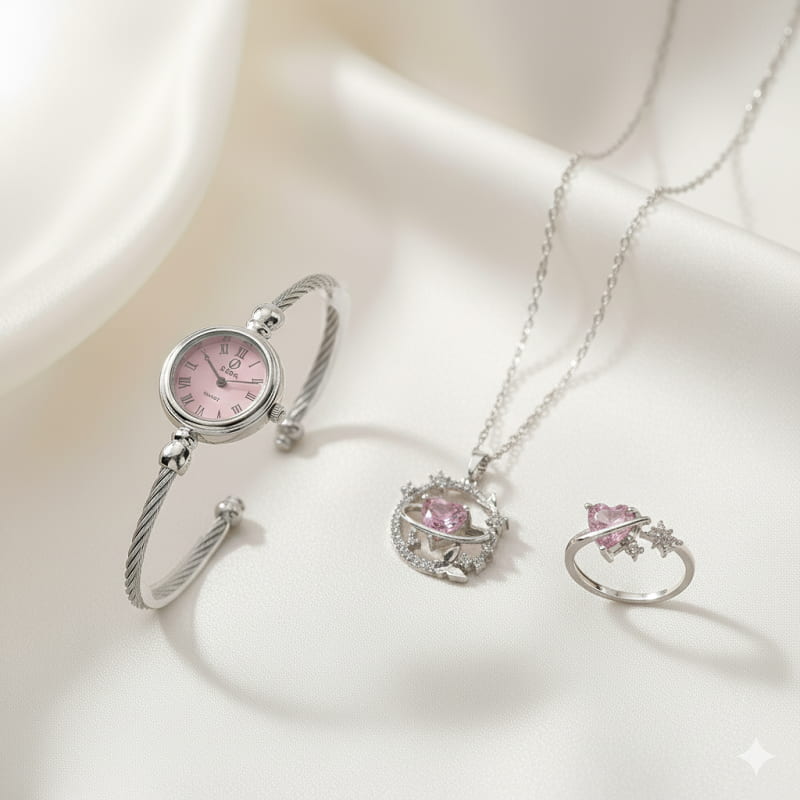 ست زنانه ساعت و گردنبند و انگشتر مدل ماه و ستاره-نقره ای صورتی