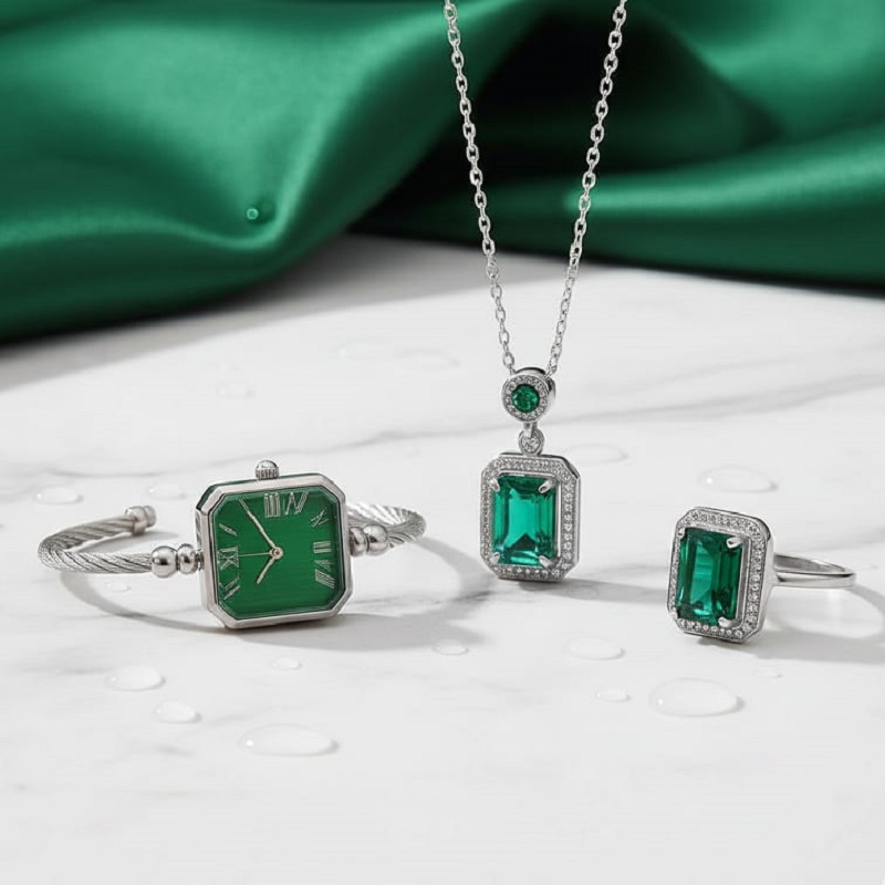 ست زنانه ساعت و گردنبند و انگشتر مدل زمرد-نقره ای