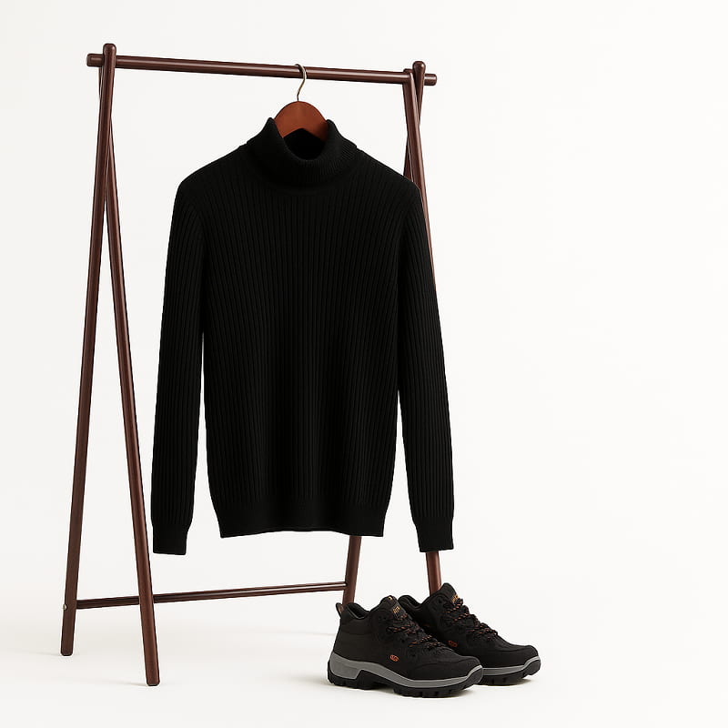 پکیج پلیور بافت یقه اسکی مردانه مدل Ersan رنگ مشکی کفش ساقدار مردانه مشکی مدل JAX